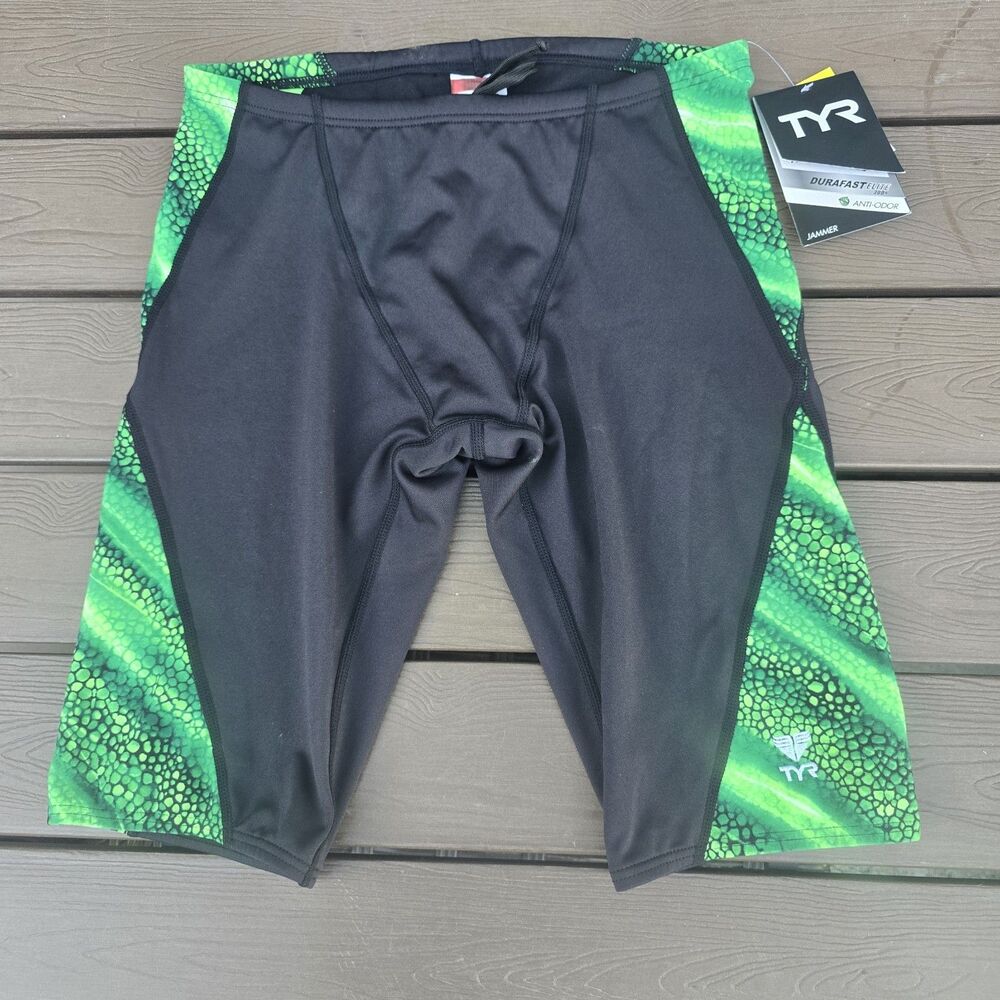 TYR Durafast Venom Boys Mens Jammer Size 32 Green Black Swimwear Swimsuit NWT